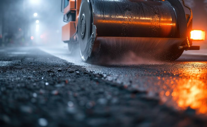 Roller compacting fresh hot mix asphalt at night